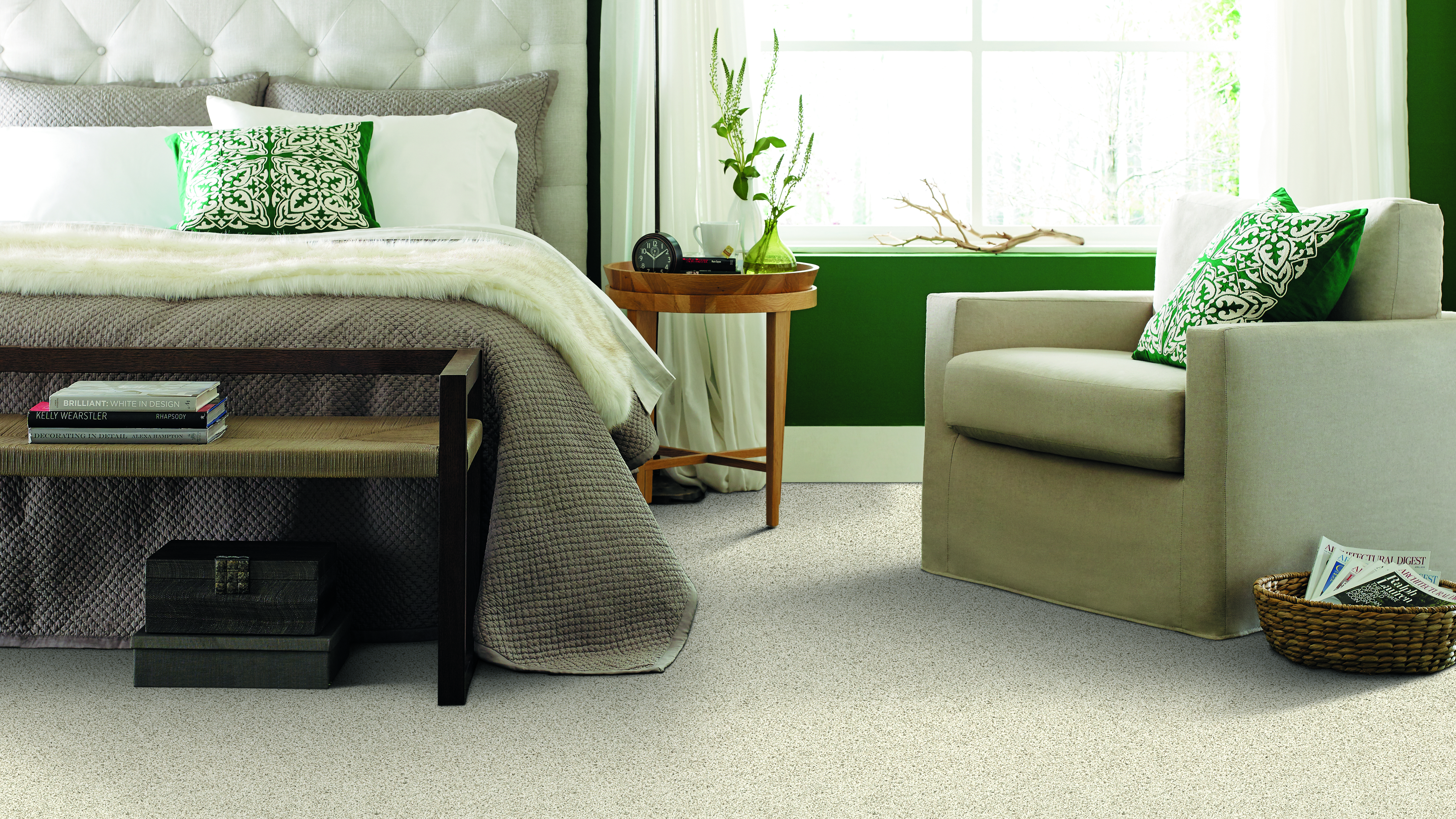 Carpet in a bedroom, installation services available.